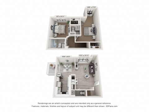 Floor plan for 2 beds, 1.5 baths, 1100 sqft